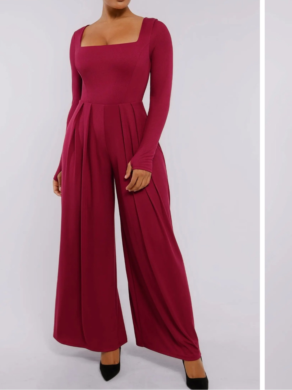 SHAPELLX built in Shapewear Square Neck Long Sleeve Wide-Leg Jumpsuit - Burgundy